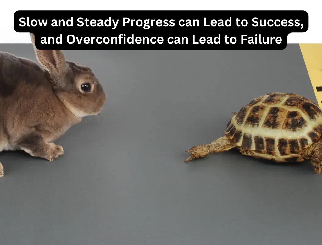 slow and steady progress can lead to success, and overconfidence can lead to failure
